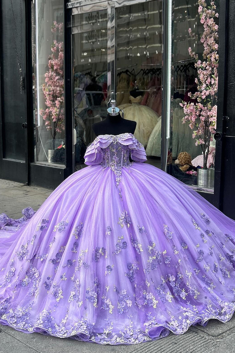 Off the Shoulder Purple Tulle Quinceanera Dress with Sparkly Ruffles and Sequined Appliques