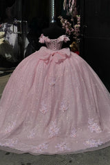 Off-the-Shoulder Pink Princess Ball Gown with Tulle Appliques and Bow for Quinceanera