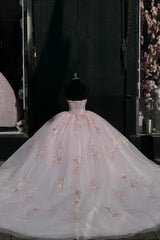 Strapless Light Pink Tulle Quinceanera Dress with Sparkly Appliques