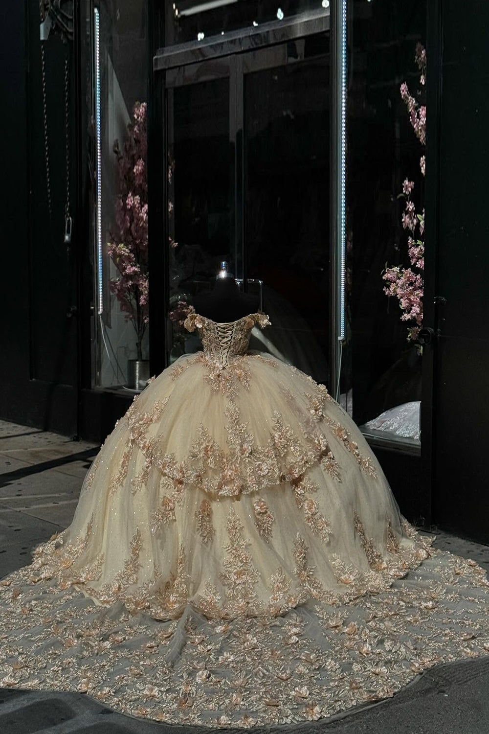 Golden Sparkle Off-the-Shoulder Ball Gown with Ruffle Tulle and Sequined Appliques for Quinceanera