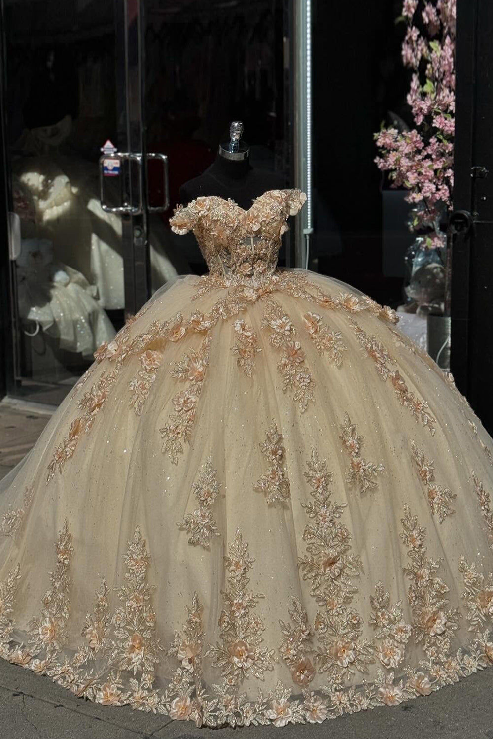 Golden Sparkle Off-the-Shoulder Ball Gown with Ruffle Tulle and Sequined Appliques for Quinceanera