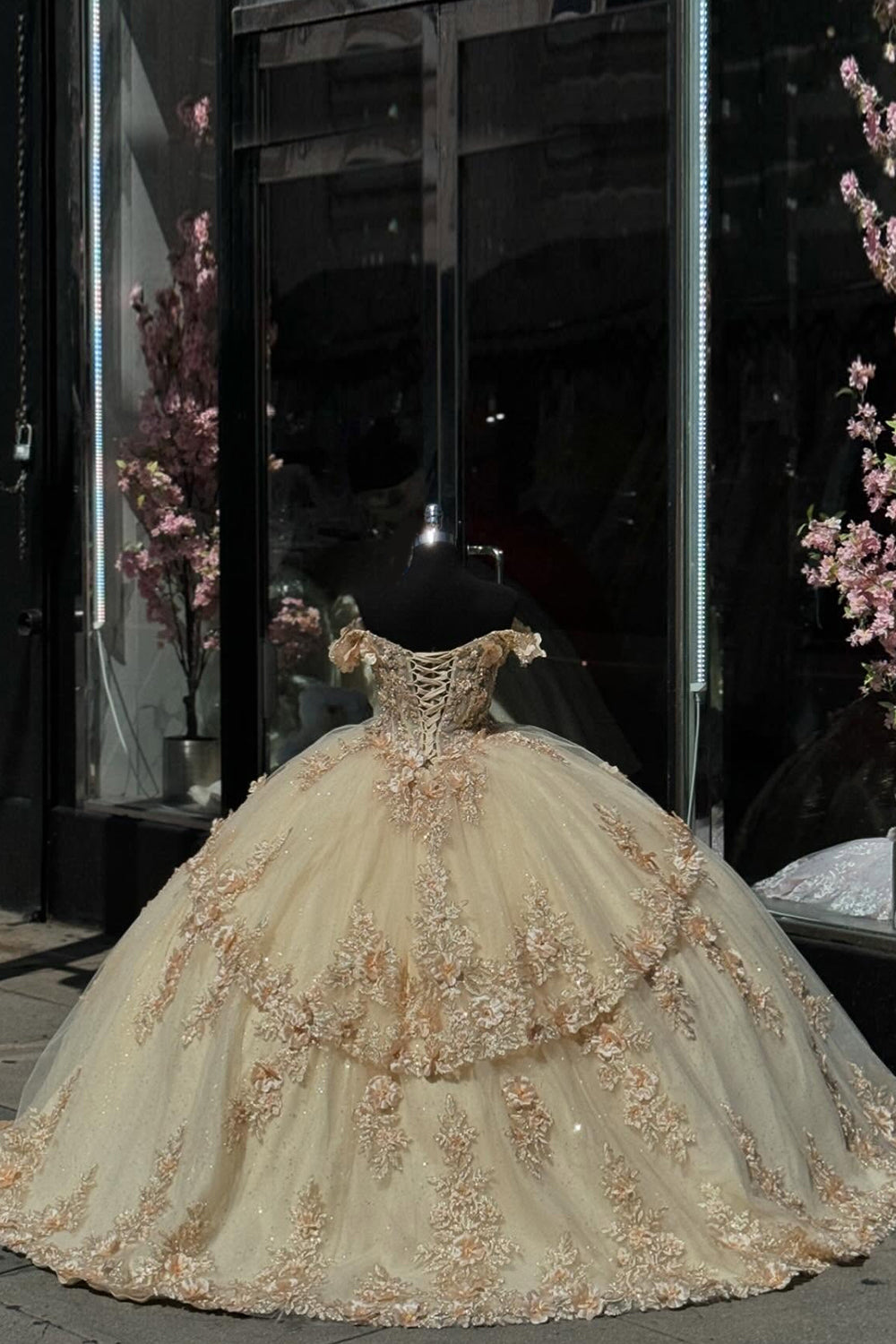 Golden Sparkle Off-the-Shoulder Ball Gown with Ruffle Tulle and Sequined Appliques for Quinceanera