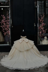 Off-the-Shoulder Apricot Ball Gown with Sparkly Tulle Ruffles and Bow for Quinceanera