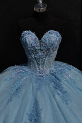 Strapless Tulle Quinceanera Dress in Sparkly Blue with Sequined Appliques