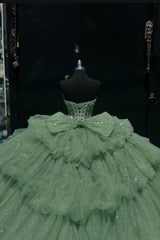 Strapless Green Princess Ball Gown with Ruffles and Tulle Appliques for Quinceanera
