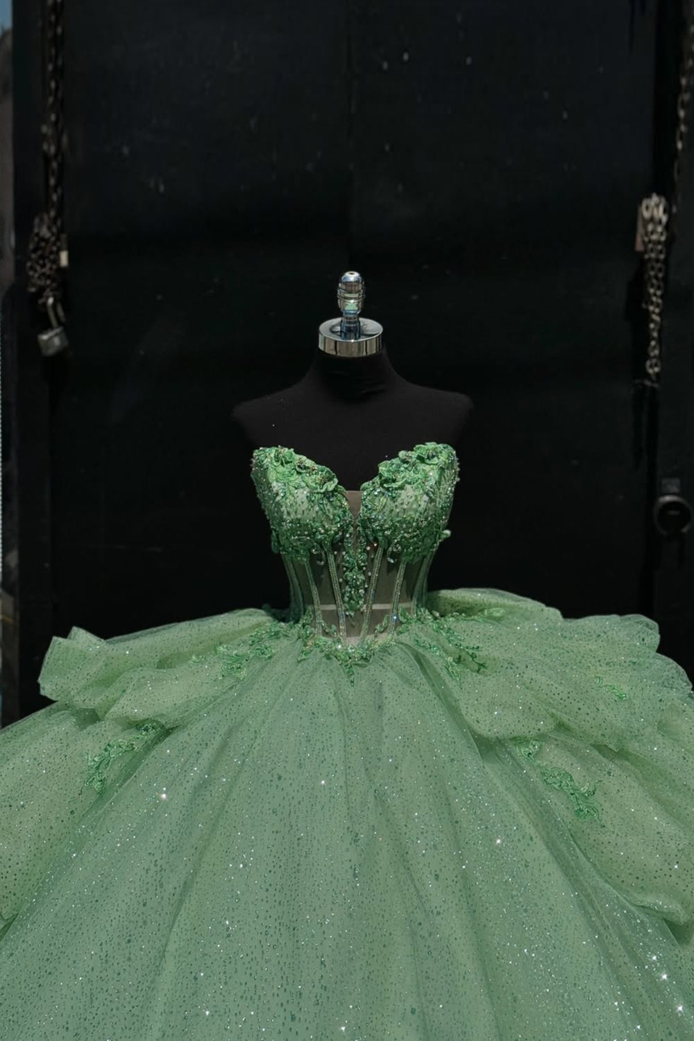 Strapless Green Princess Ball Gown with Ruffles and Tulle Appliques for Quinceanera