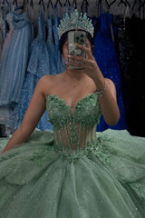 Sweetheart Ball Gown in Green Glitter Tulle with Appliques for Quinceanera
