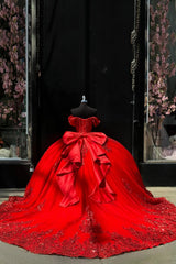 Red Sparkle Applique Off-Shoulder Tulle Quinceanera Ball Gown