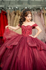 Off the Shoulder Burgundy Ball Gown with Tulle Ruffles and Applique for Quinceanera