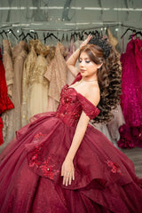 Off the Shoulder Burgundy Ball Gown with Tulle Ruffles and Applique for Quinceanera