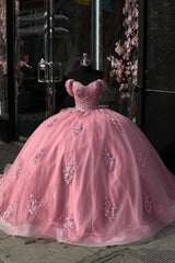 Off the Shoulder Hot Pink Tulle Ball Gown with Applique for Quinceanera