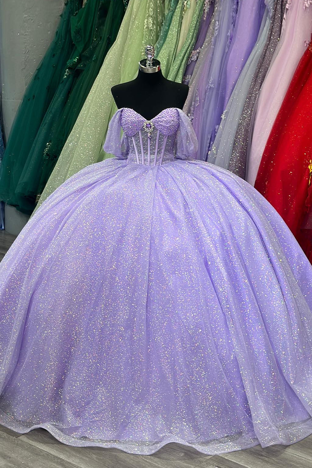 Off the Shoulder Quinceanera Ball Gown in Sparkly Lilac Tulle with Appliques