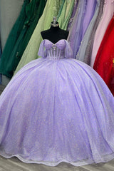 Off the Shoulder Quinceanera Ball Gown in Sparkly Lilac Tulle with Appliques
