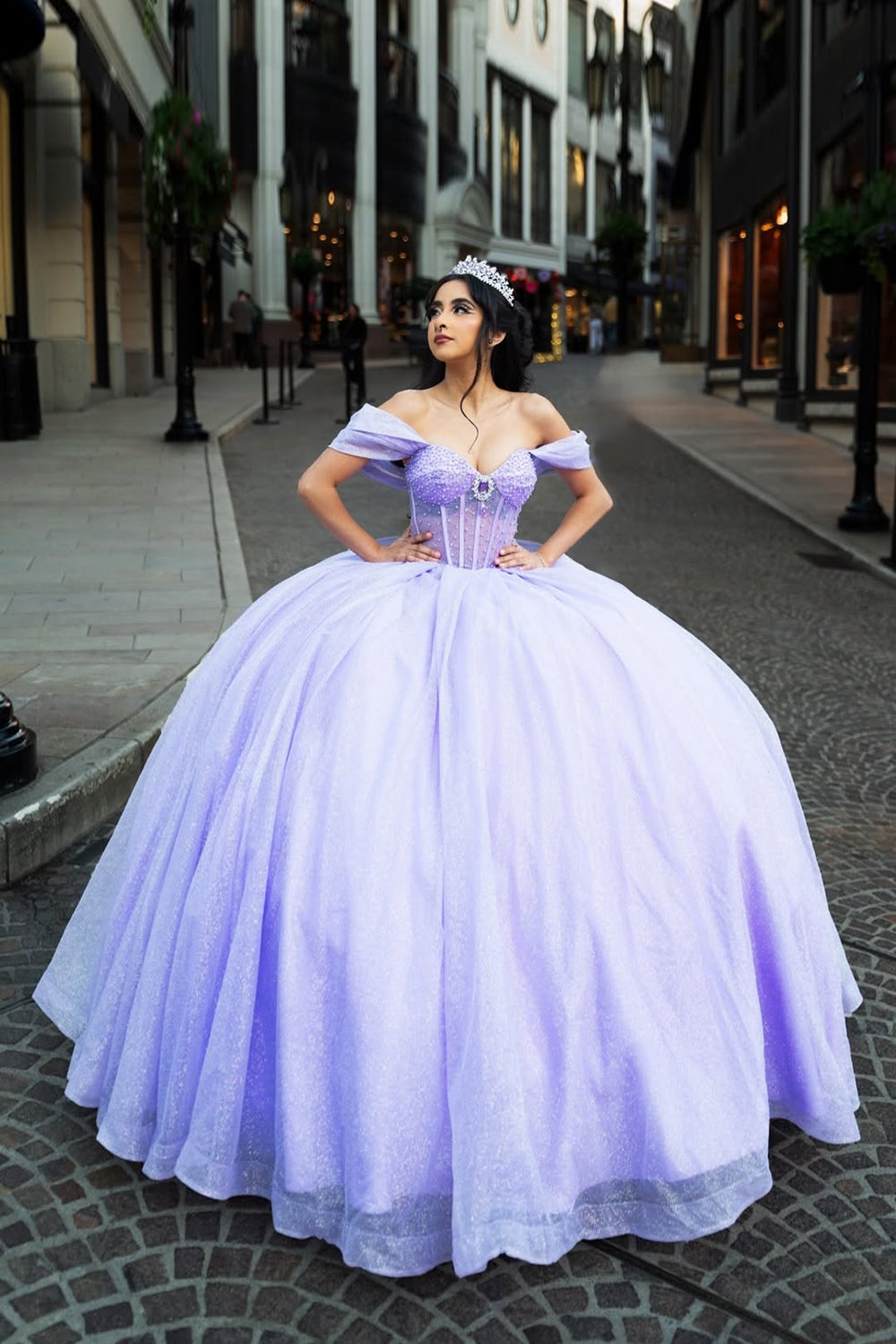 Off the Shoulder Quinceanera Ball Gown in Sparkly Lilac Tulle with Appliques