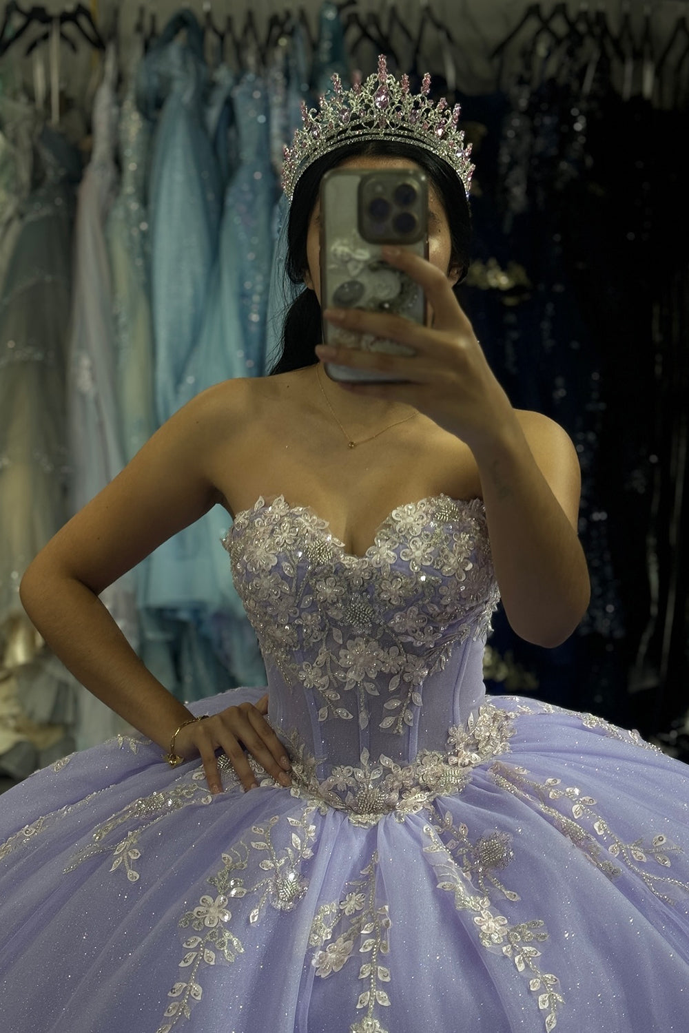 Sweetheart Corset Ball Gown in Lilac Tulle with Appliques for Quinceanera