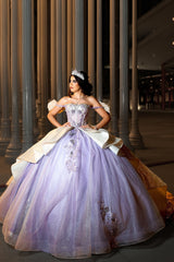 Off the Shoulder Lilac Glitter Tulle Ball Gown with Applique for Quinceanera