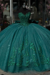 Sweetheart Ball Gown in Sparkly Dark Green Tulle with Bow Applique for Quinceanera