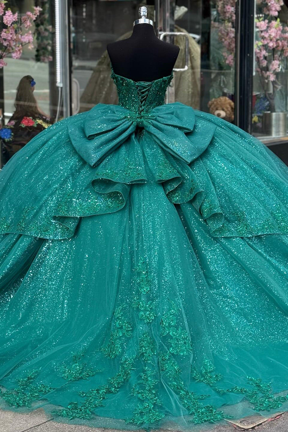Sweetheart Ball Gown in Sparkly Dark Green Tulle with Bow Applique for Quinceanera