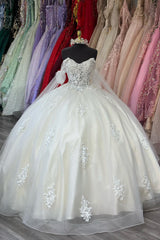 Off-the-Shoulder Ivory Tulle Ball Gown with Applique for Quinceanera