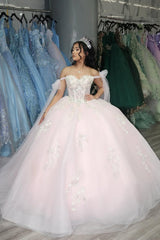 Off-the-Shoulder Light Pink Tulle Quinceanera Ball Gown with Applique