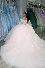Off-the-Shoulder Light Pink Tulle Quinceanera Ball Gown with Applique