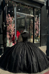 Quinceanera Dress with Black Tulle and Spaghetti Straps Applique Ball Gown