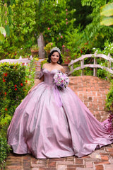 Off the Shoulder Quinceanera Ball Gown in Sparkly Grey Purple