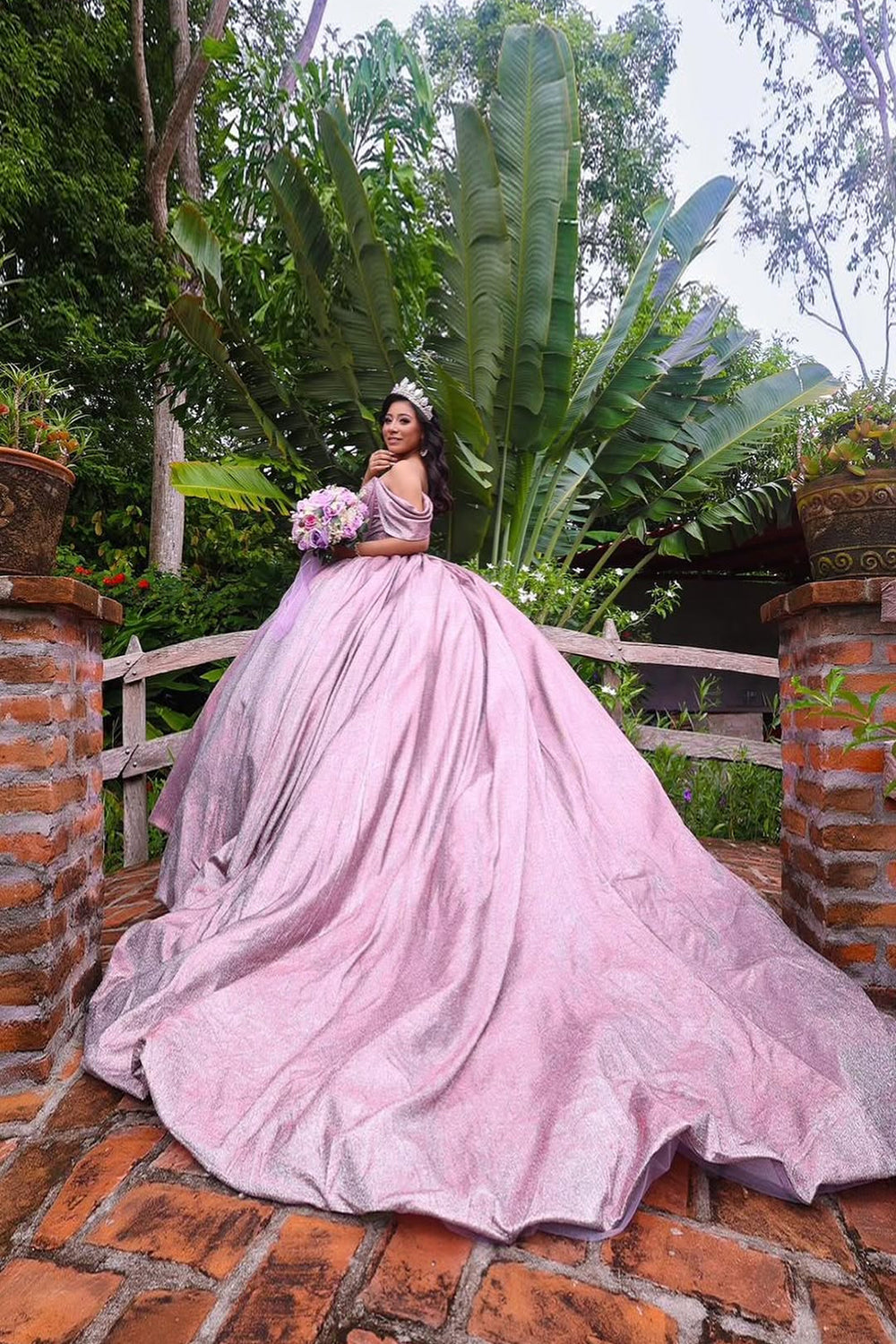 Off the Shoulder Quinceanera Ball Gown in Sparkly Grey Purple