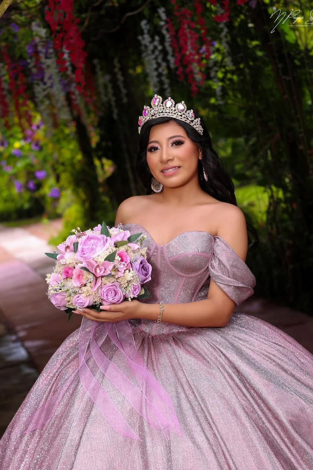 Off the Shoulder Quinceanera Ball Gown in Sparkly Grey Purple