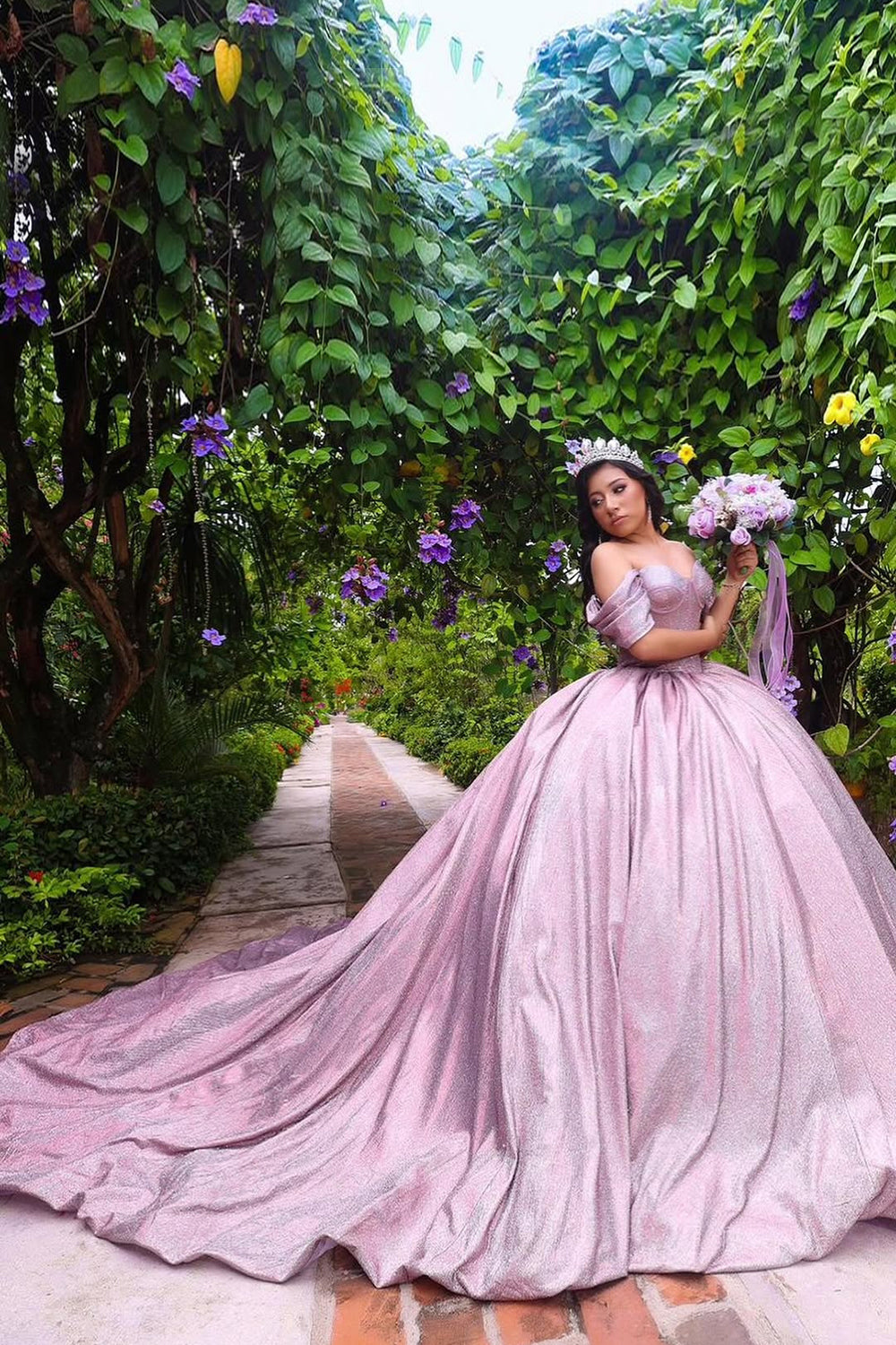 Off the Shoulder Quinceanera Ball Gown in Sparkly Grey Purple