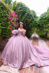 Off the Shoulder Quinceanera Ball Gown in Sparkly Grey Purple