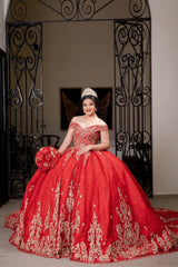 Red Sparkle Off-Shoulder Applique Ball Gown for Quinceanera