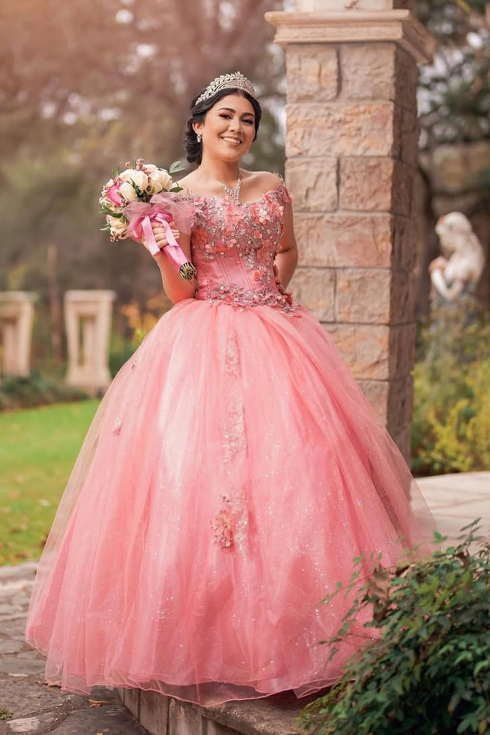 Off-the-Shoulder Blush Pink Ball Gown with Sparkly Sequin Applique for Quinceanera