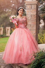 Off-the-Shoulder Blush Pink Ball Gown with Sparkly Sequin Applique for Quinceanera