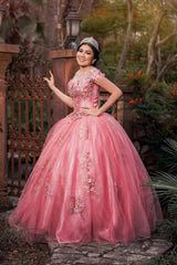 Off-the-Shoulder Blush Pink Ball Gown with Sparkly Sequin Applique for Quinceanera