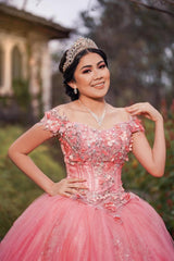 Off-the-Shoulder Blush Pink Ball Gown with Sparkly Sequin Applique for Quinceanera
