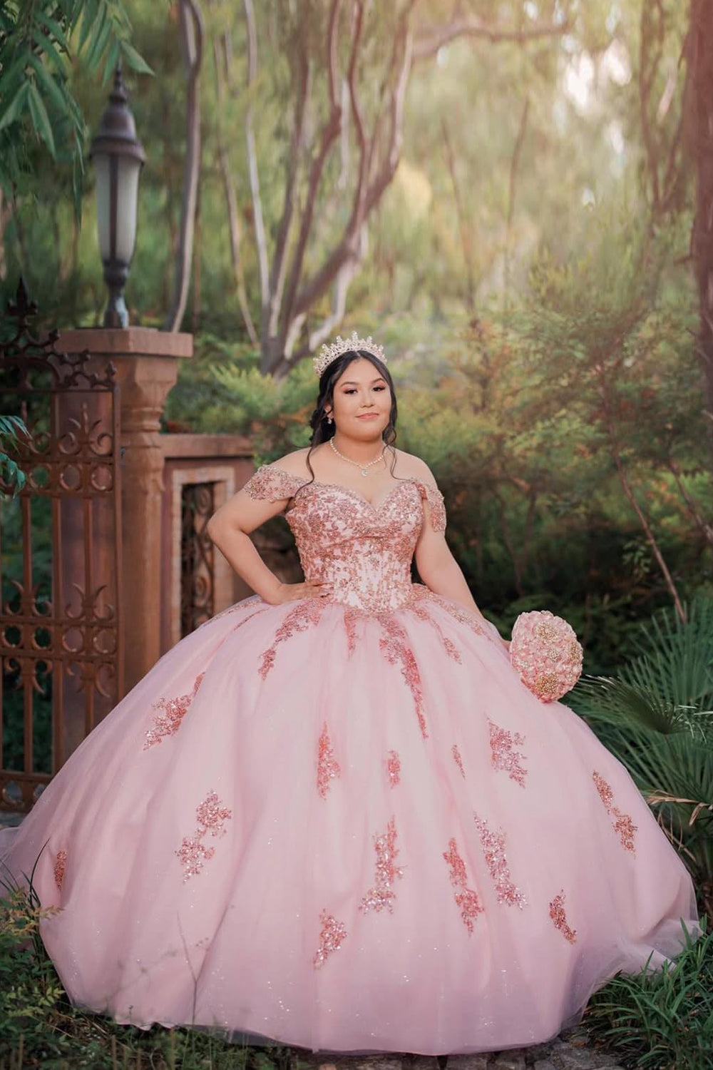 Off the Shoulder Quinceanera Dress in Sparkly Blush Pink with Sequined Appliques and Tulle