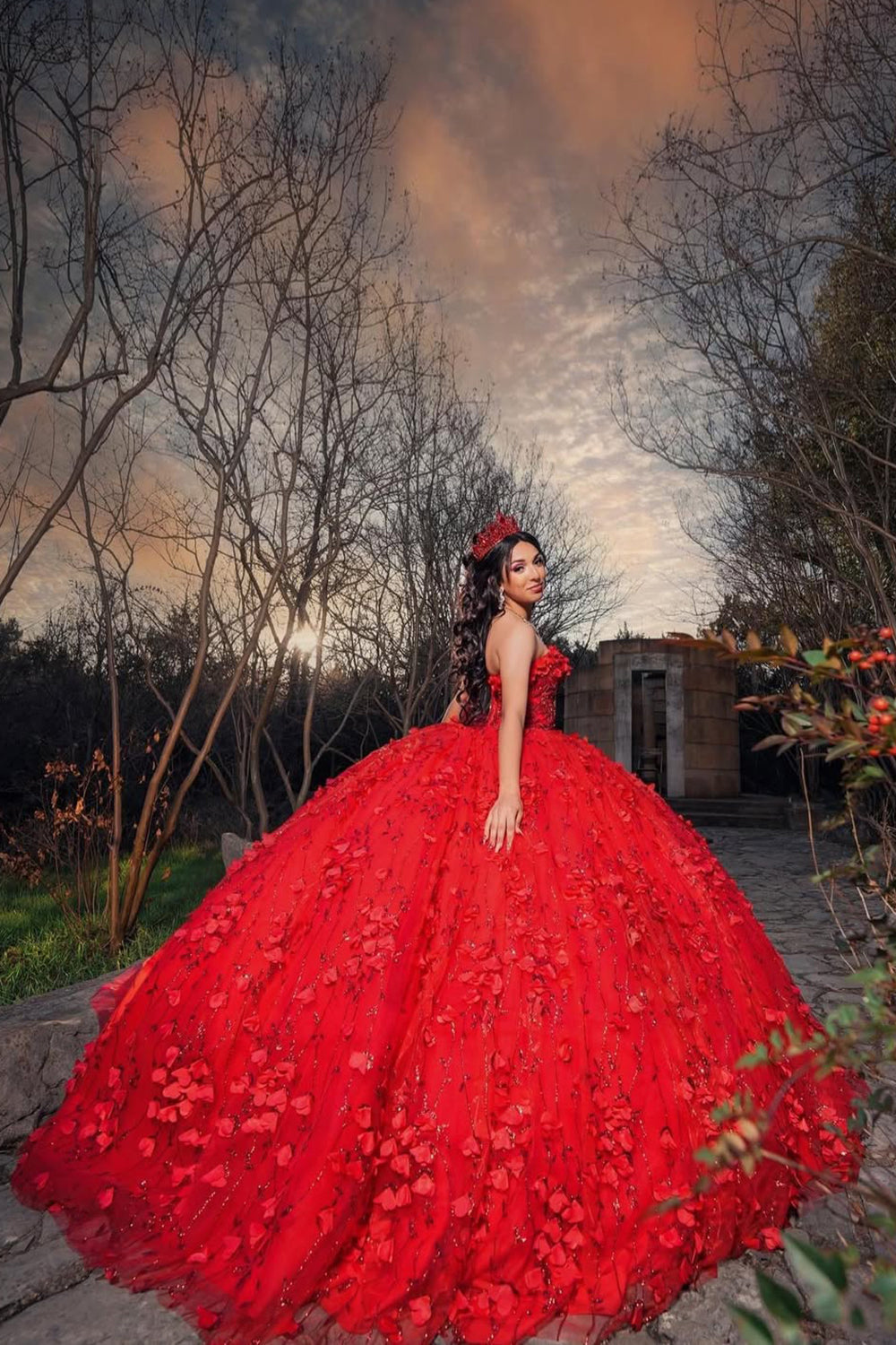 Strapless Red Ball Gown with Sparkly Beaded Flowers and Tulle for Quinceanera
