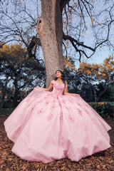 Princess Off-the-Shoulder Quinceanera Dress in Sparkly Candy Pink with Sequin Applique