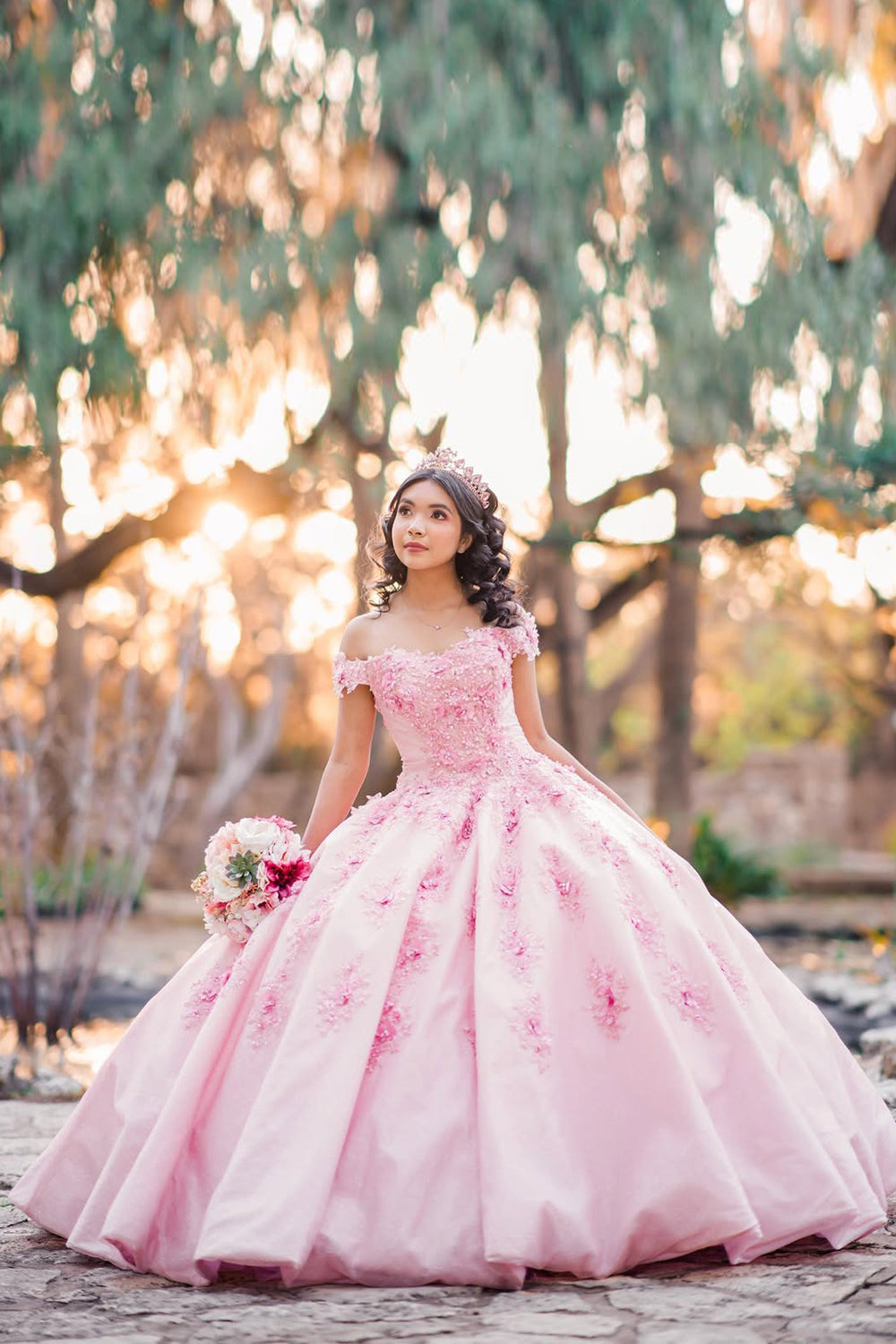 Princess Off-the-Shoulder Quinceanera Dress in Sparkly Candy Pink with Sequin Applique