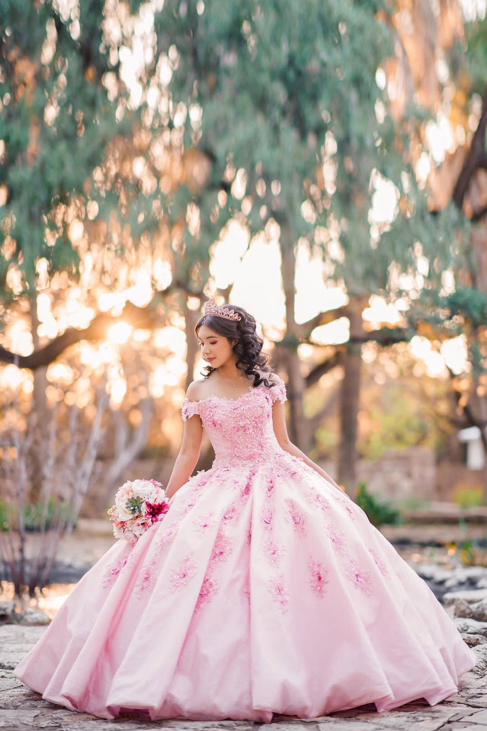 Princess Off-the-Shoulder Quinceanera Dress in Sparkly Candy Pink with Sequin Applique