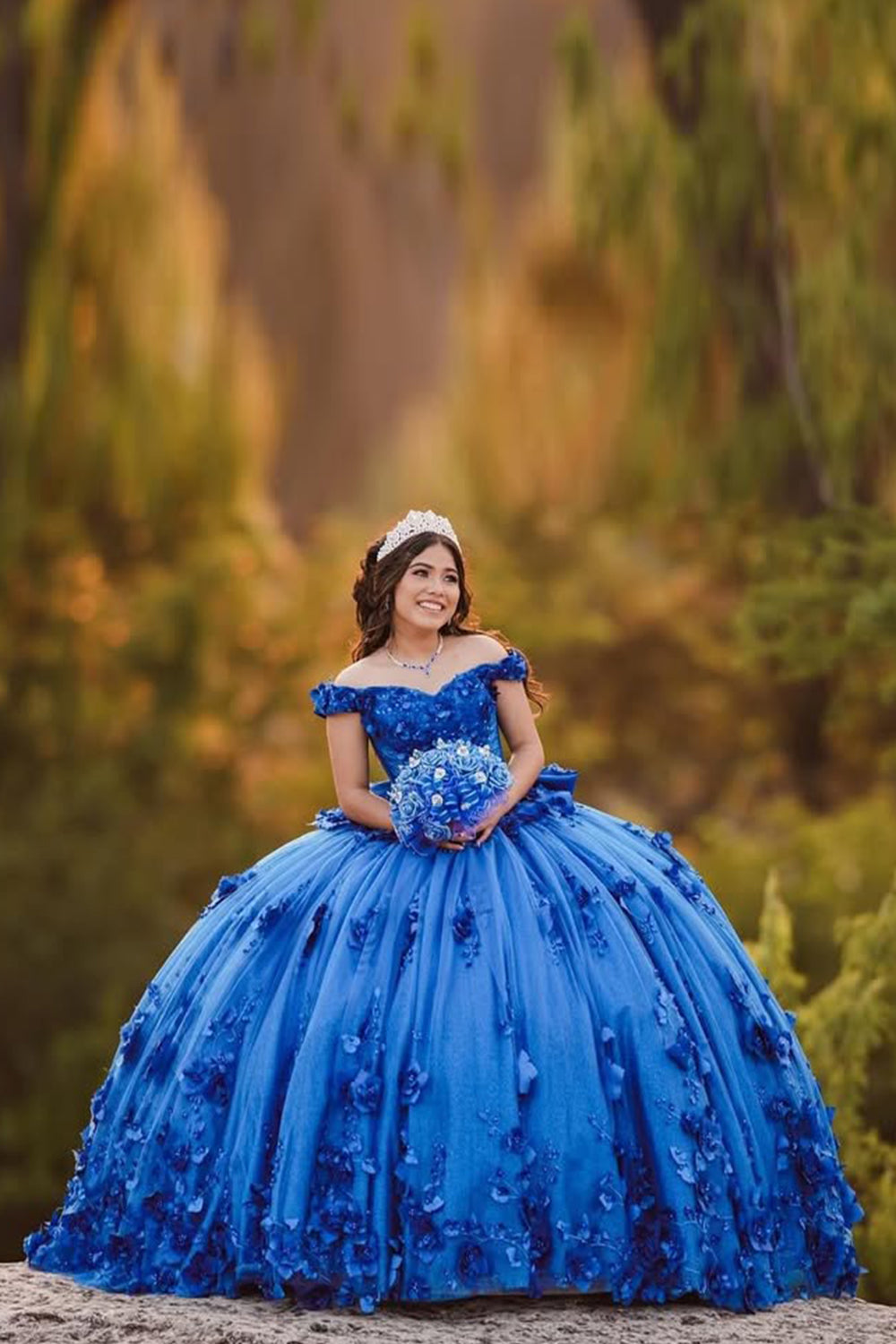 Royal Blue Off-the-Shoulder Ball Gown with Sparkly 3D Flowers and Tulle for Quinceanera