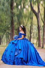 Royal Blue Off-the-Shoulder Ball Gown with Sparkly 3D Flowers and Tulle for Quinceanera