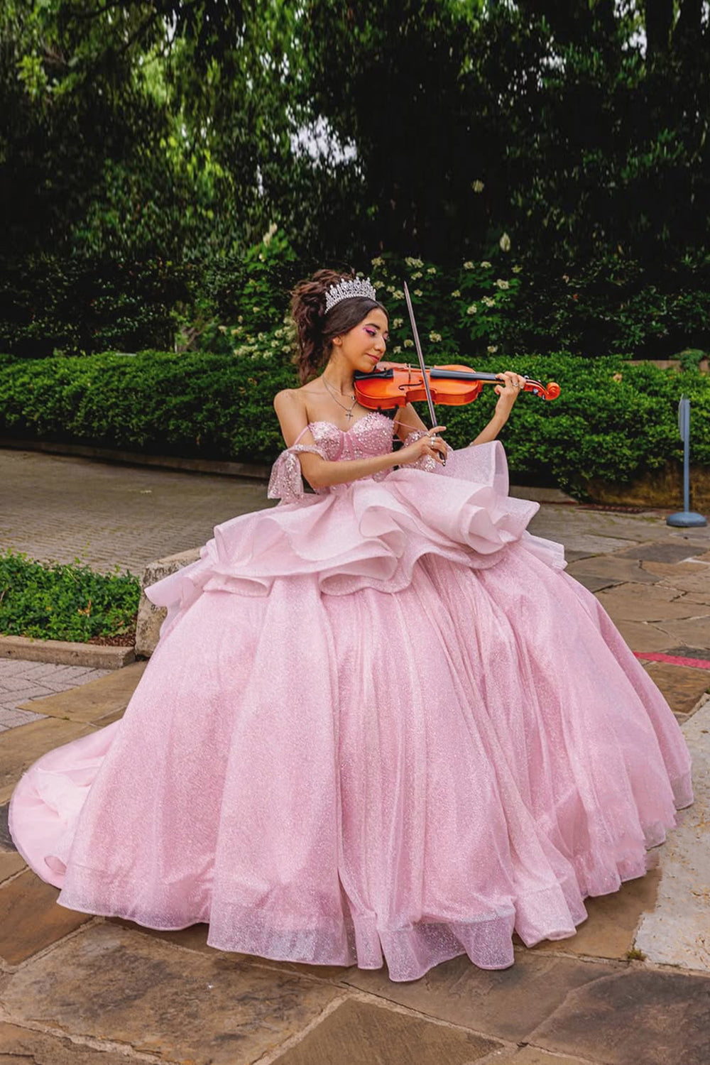 Off the Shoulder Quinceanera Dress in Sparkly Candy Pink with Ruffles, Beading, and Bow