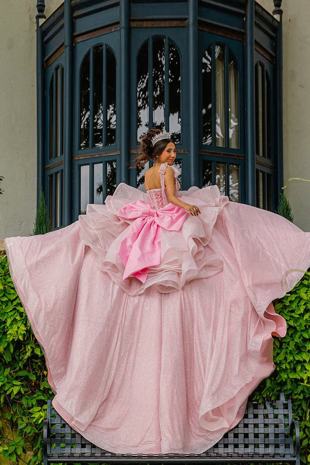 Off the Shoulder Quinceanera Dress in Sparkly Candy Pink with Ruffles, Beading, and Bow