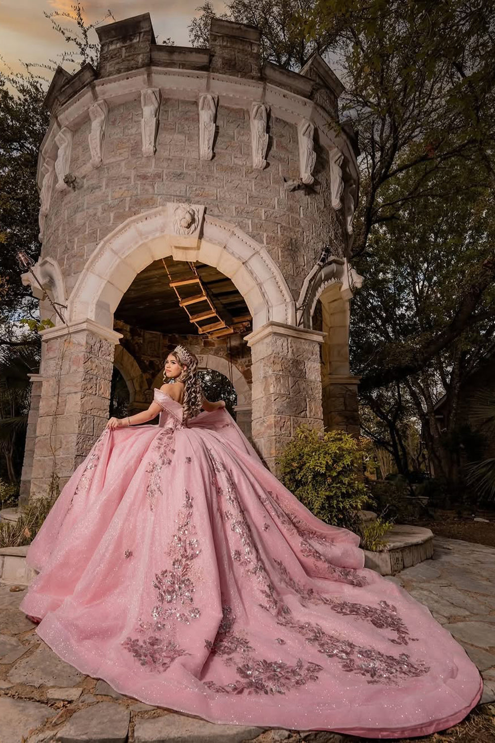 Off the Shoulder Princess Dress in Sparkly Blush Pink with Sequin Applique and Train