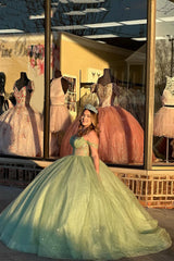 Off-the-Shoulder Sage Ball Gown with Sparkly Sequins and Tulle for Quinceanera