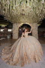 Champagne Princess Ball Gown with 3D Flowers and Beaded Off-Shoulder Design for Quinceanera
