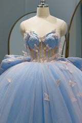 Princess Off the Shoulder Quinceanera Dress in Sky Blue with Beaded Butterfly Applique