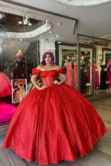 Off the Shoulder Beaded Tulle Quinceanera Dress in Sparkly Red